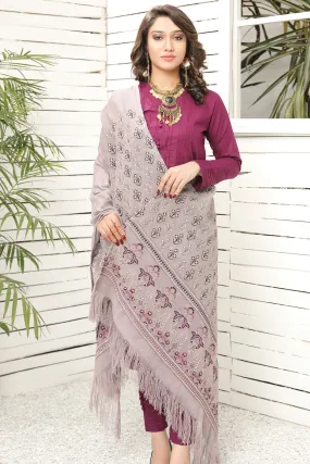 2714-DUSTY-PLUM EMBROIDERED WOOL SHAWL UNSTITCHED
