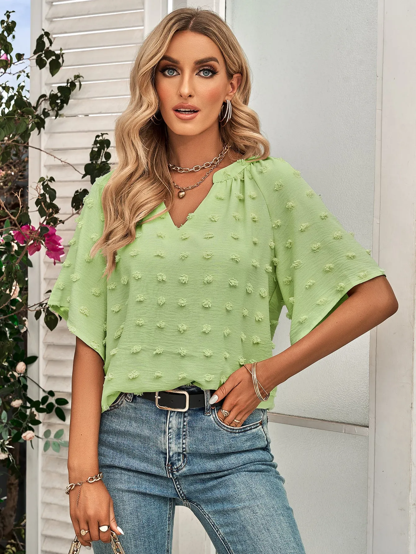 Casual V-neck Solid Furball Top