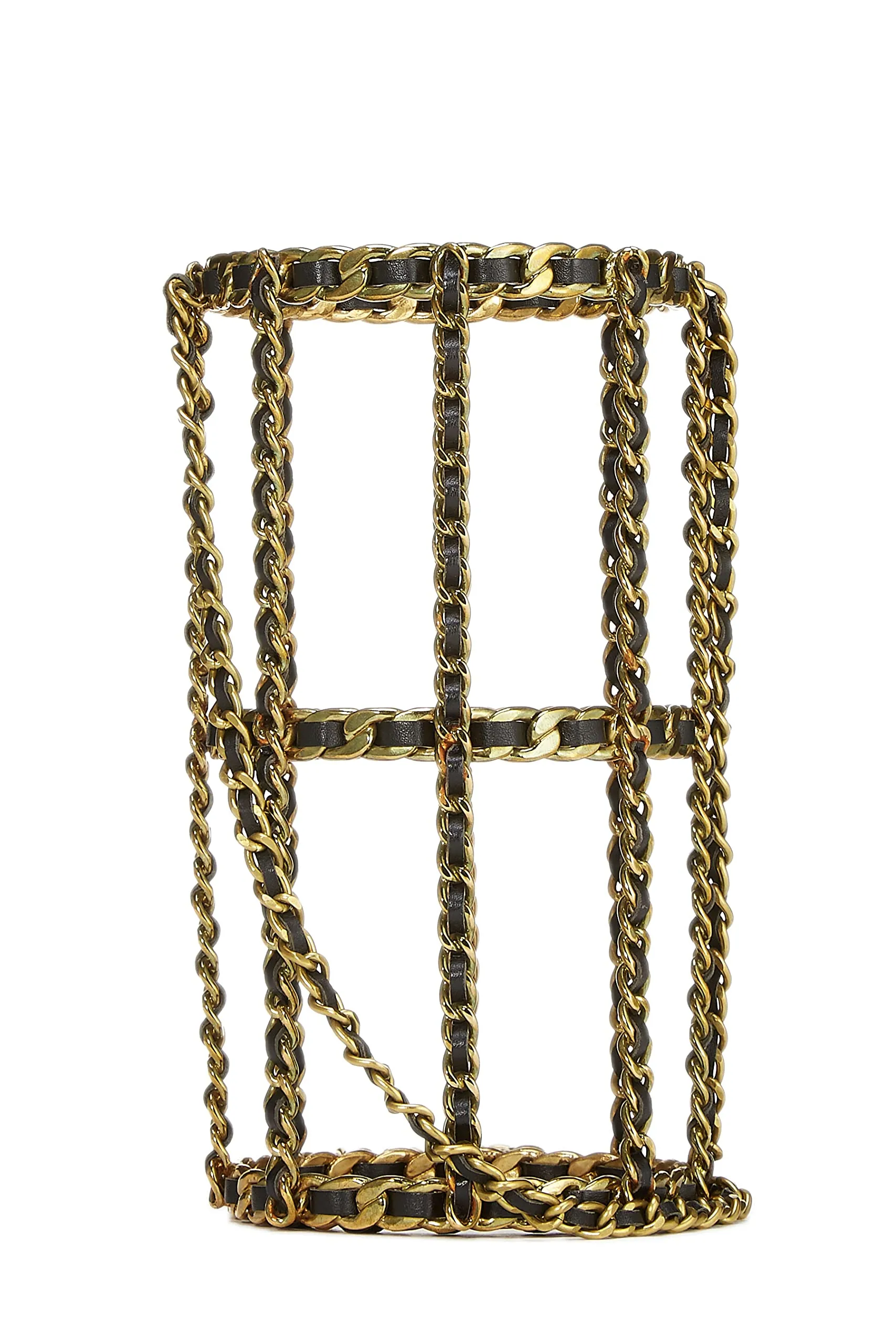 Chanel,  Black Leather & Gold Chain Link Bottle Holder, Black