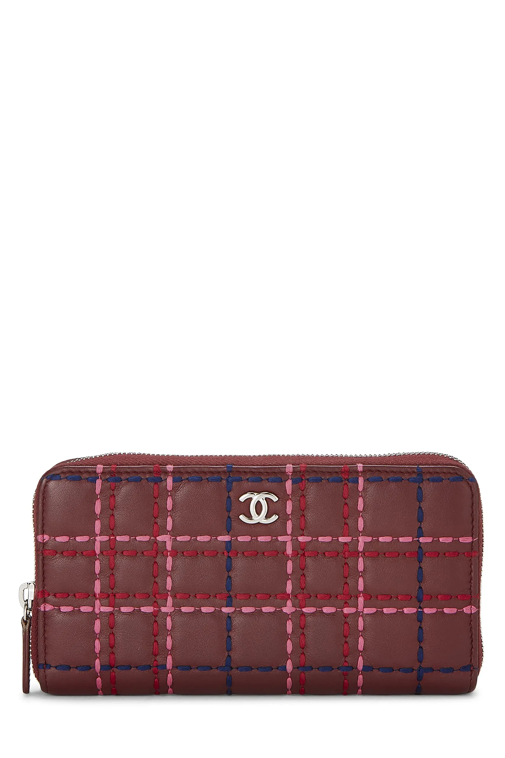 Chanel,  Burgundy Lambskin Stitched Zip-Around Wallet, Burgundy