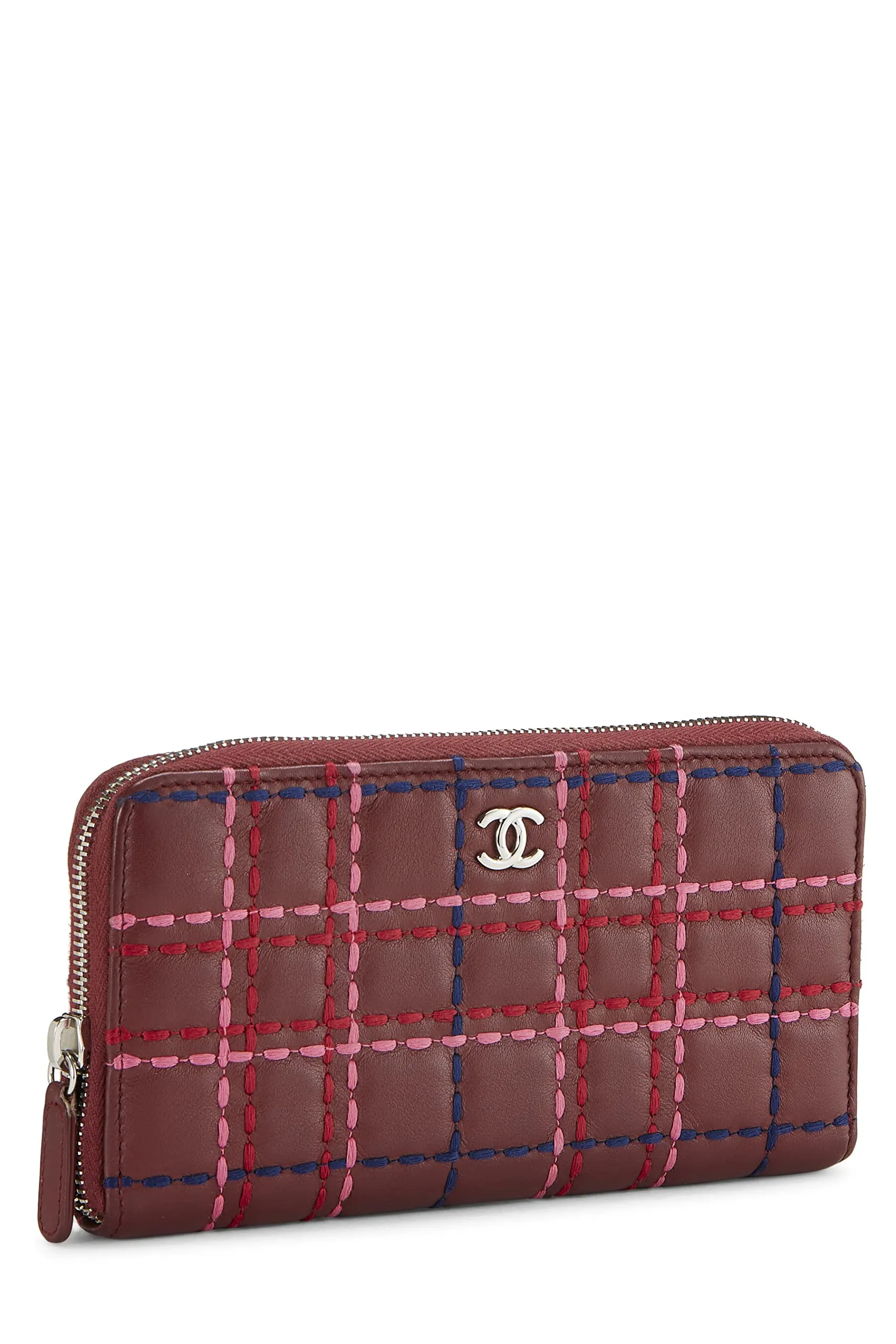 Chanel,  Burgundy Lambskin Stitched Zip-Around Wallet, Burgundy