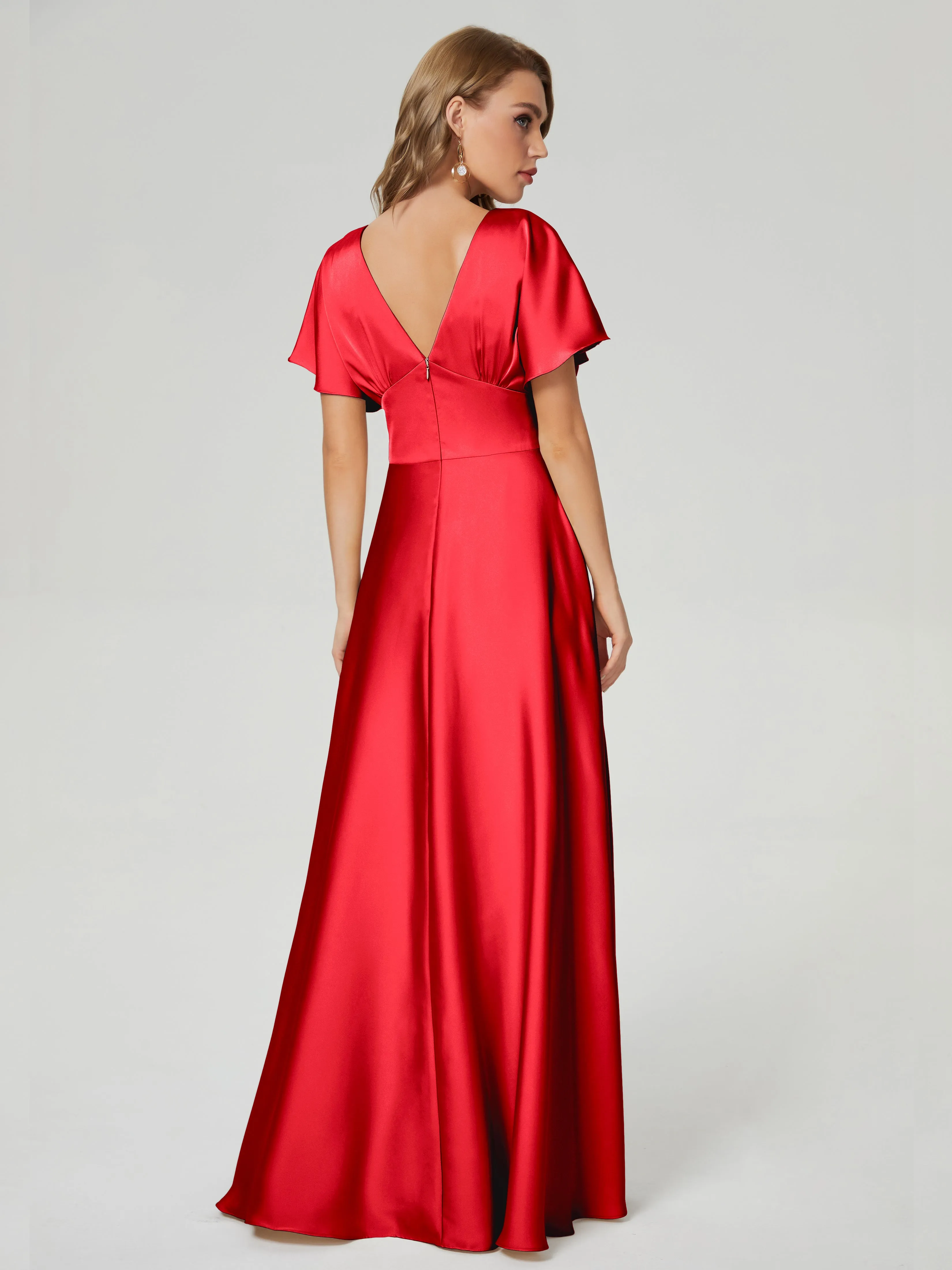 Cherry Red Bridesmaid Dresses Ariah Modest V Neck Short Sleeves Soft Satin Dresses