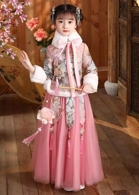 Elegant Blue Fur Collar Print Button Girls Coats And Tulle Maxi Skirts Two Pieces Set Long Sleeve ML0159