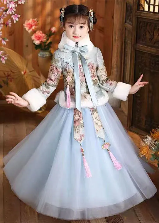 Elegant Blue Fur Collar Print Button Girls Coats And Tulle Maxi Skirts Two Pieces Set Long Sleeve ML0159