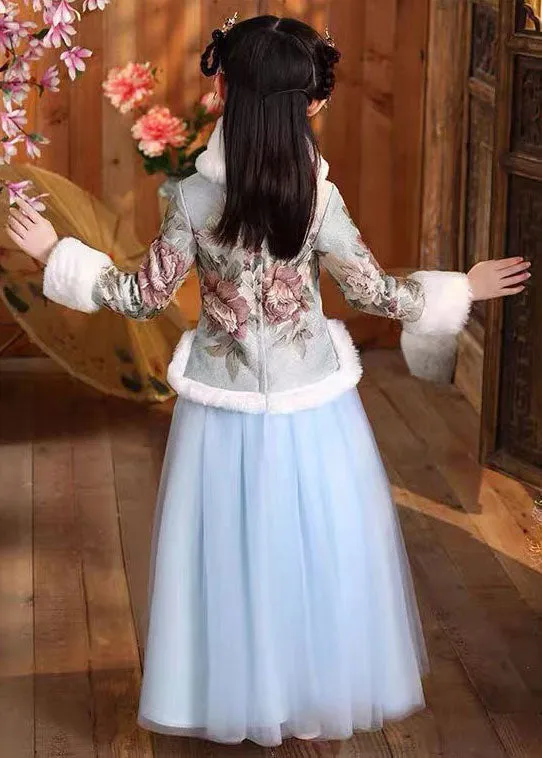 Elegant Blue Fur Collar Print Button Girls Coats And Tulle Maxi Skirts Two Pieces Set Long Sleeve ML0159