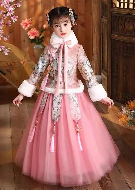 Elegant Blue Fur Collar Print Button Girls Coats And Tulle Maxi Skirts Two Pieces Set Long Sleeve ML0159