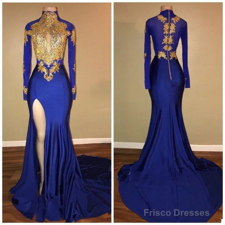 Long Sleeves Blue Gold Prom Dresses  Side Slit Evening Gowns