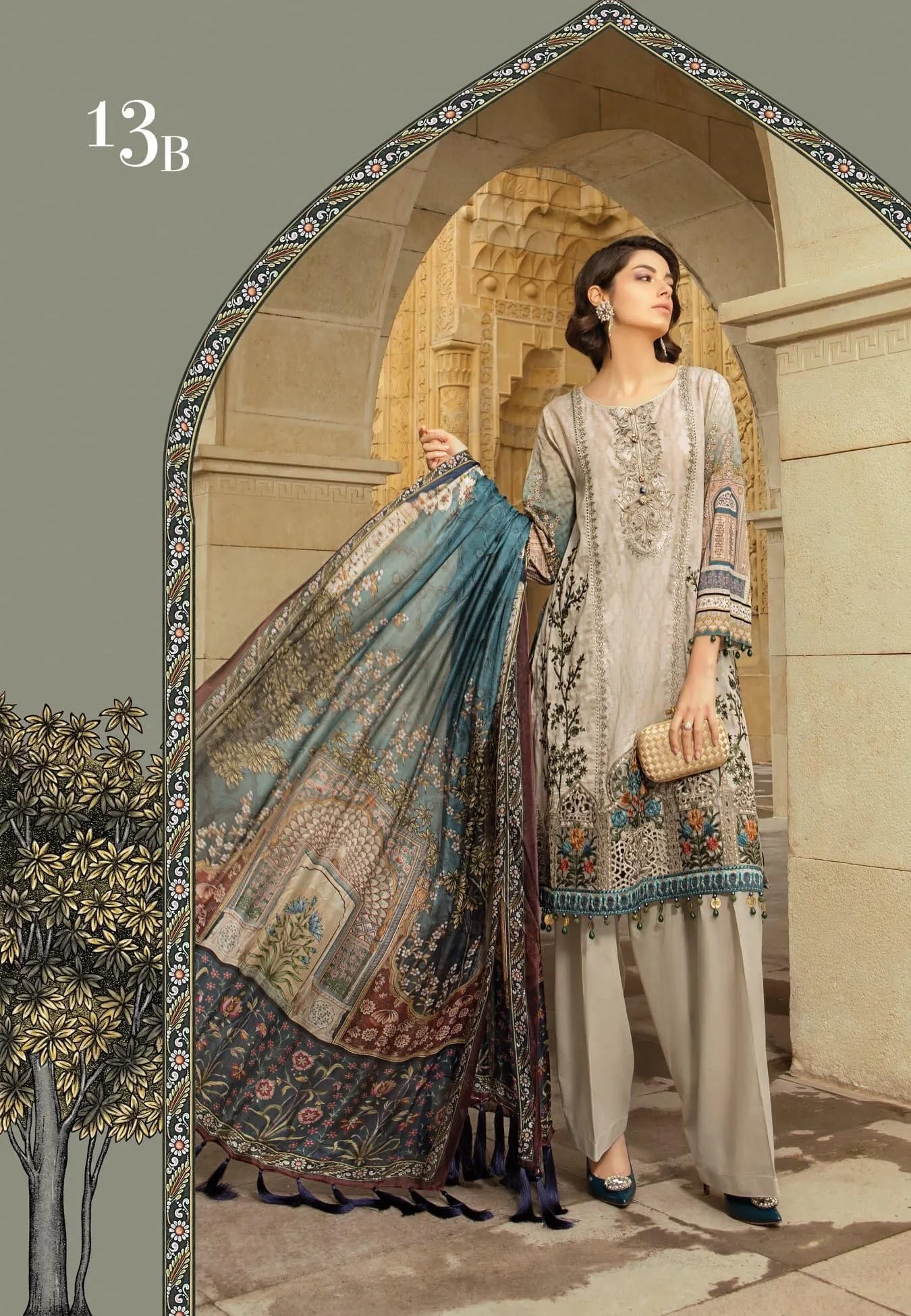 Maria B Stylish Dress In Beutifull Light Gray And Dark Blue Color Model# L 1766
