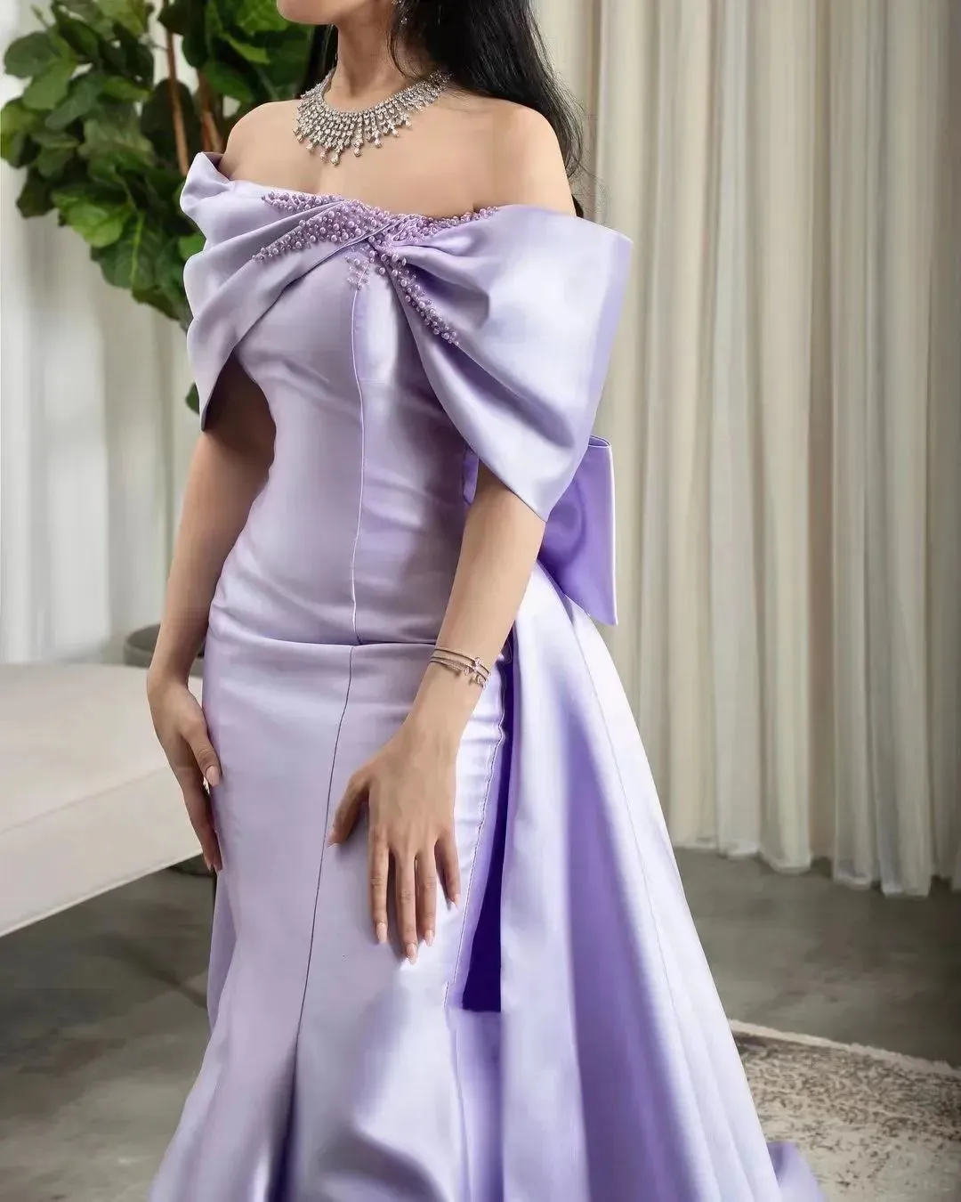 Off-The-Shoulder Bow Satin Pearls Formal Prom Gowns