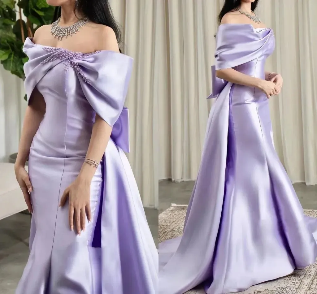 Off-The-Shoulder Bow Satin Pearls Formal Prom Gowns