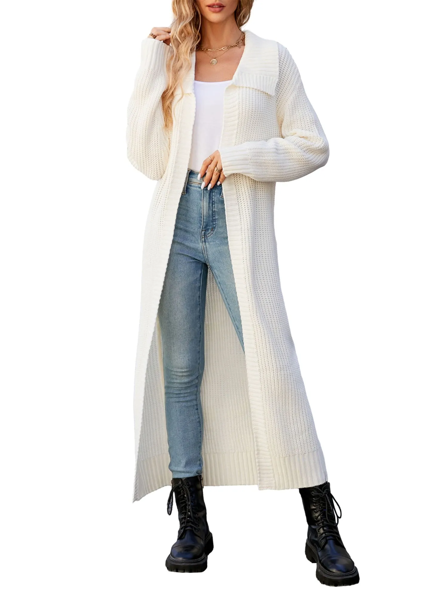 Solid Color Long Sleeve Long Knitted Cardigan