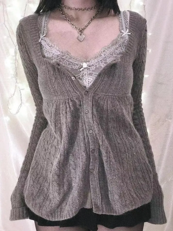 Solid Pointelle Square Neck Knit Cardigan