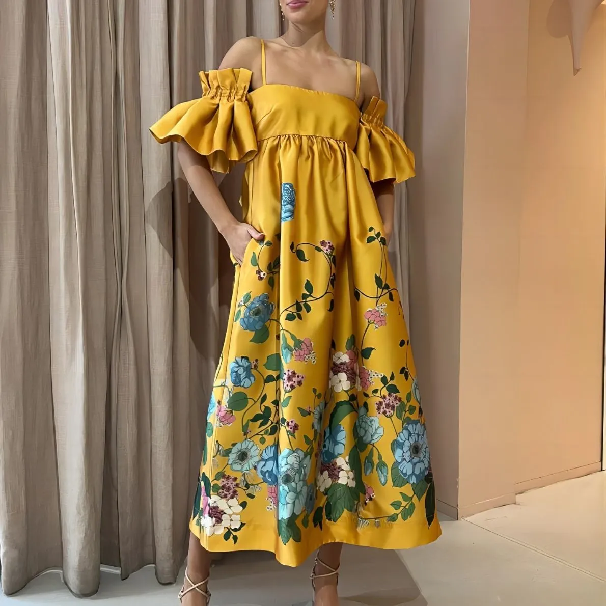 Stylish Satin Floral Print One Shoulder Pleated Dresses Wholesale Dresses