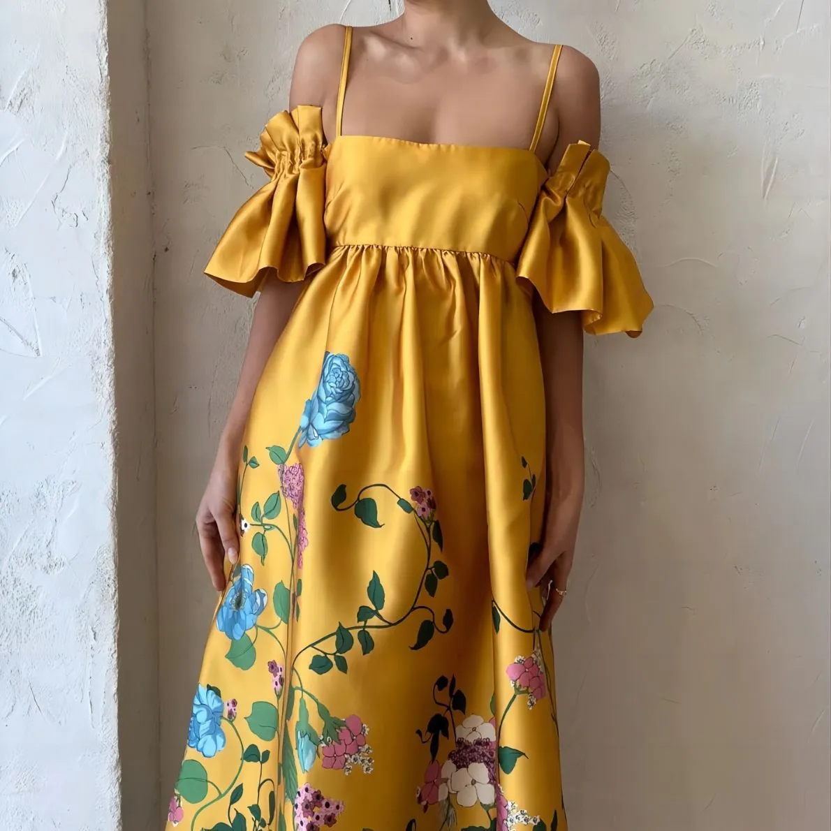 Stylish Satin Floral Print One Shoulder Pleated Dresses Wholesale Dresses