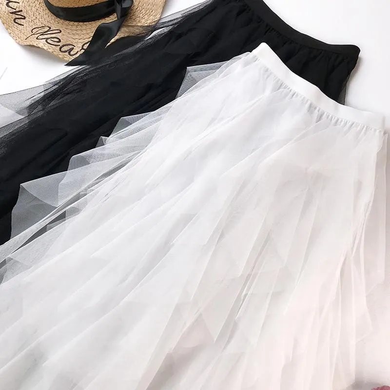 Women Boho Long Skirt High Waist Ruffles Women Beach Skirts Pink Jupe Femme Tulle Skirt Saia Midi Faldas