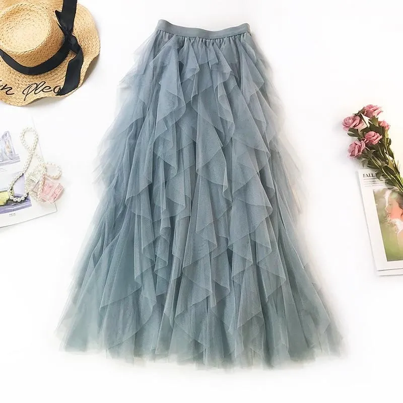 Women Boho Long Skirt High Waist Ruffles Women Beach Skirts Pink Jupe Femme Tulle Skirt Saia Midi Faldas