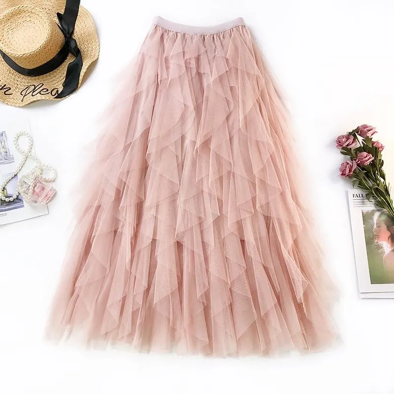 Women Boho Long Skirt High Waist Ruffles Women Beach Skirts Pink Jupe Femme Tulle Skirt Saia Midi Faldas