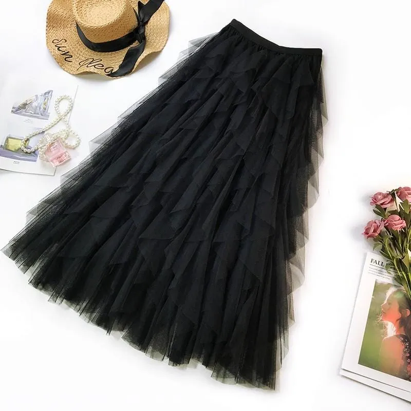 Women Boho Long Skirt High Waist Ruffles Women Beach Skirts Pink Jupe Femme Tulle Skirt Saia Midi Faldas