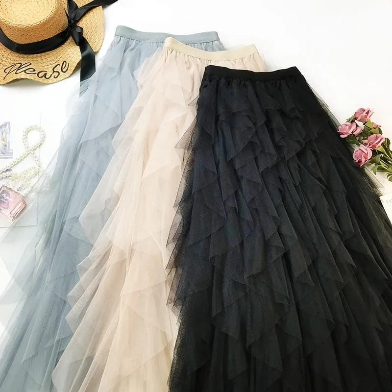 Women Boho Long Skirt High Waist Ruffles Women Beach Skirts Pink Jupe Femme Tulle Skirt Saia Midi Faldas