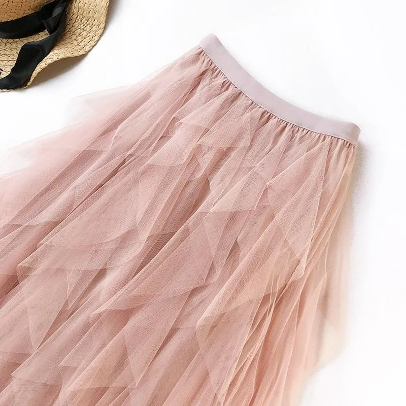 Women Boho Long Skirt High Waist Ruffles Women Beach Skirts Pink Jupe Femme Tulle Skirt Saia Midi Faldas