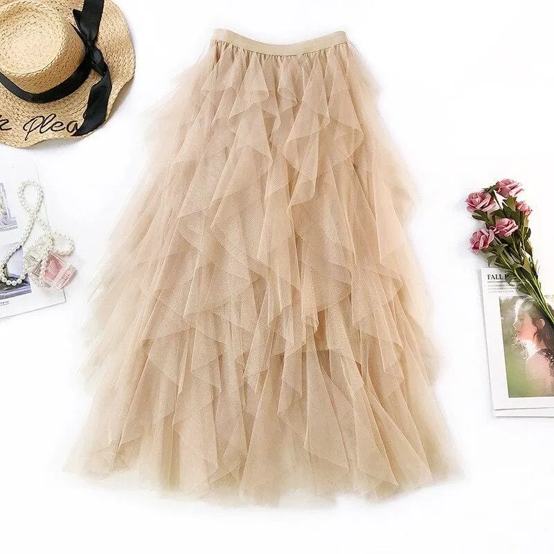 Women Boho Long Skirt High Waist Ruffles Women Beach Skirts Pink Jupe Femme Tulle Skirt Saia Midi Faldas