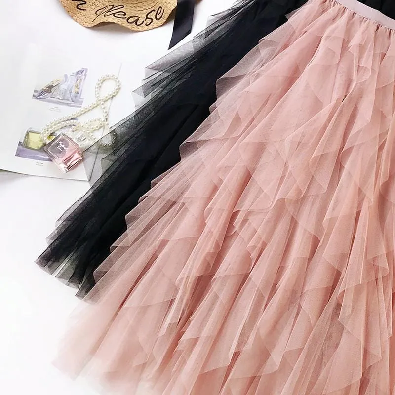 Women Boho Long Skirt High Waist Ruffles Women Beach Skirts Pink Jupe Femme Tulle Skirt Saia Midi Faldas
