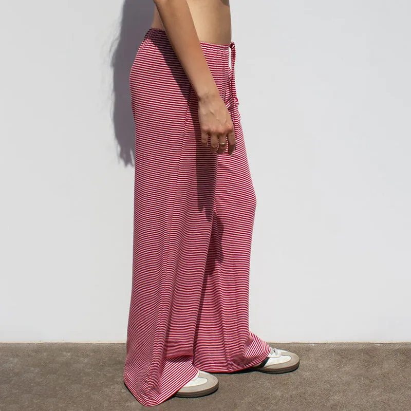 Women's Striped Print Trousers Y2K Fashion Casual Lace Up Home Straight  Wide-leg Pants