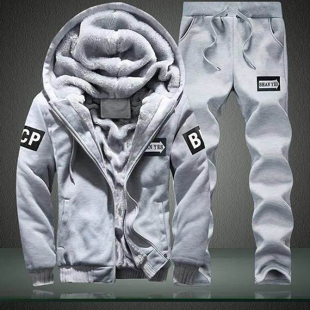 Youth Mens Fashion Casual Tracksuit New Brand Warm Two Piece Men Sets All Cotton Fleece Sets Male Thick Hooded Jacket   Pants