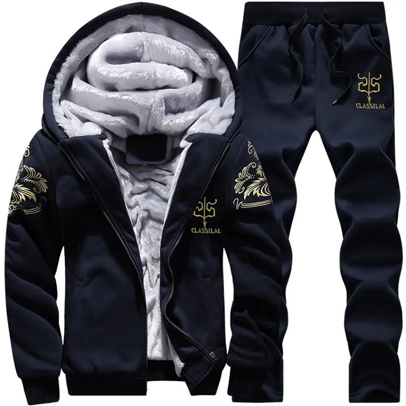 Youth Mens Fashion Casual Tracksuit New Brand Warm Two Piece Men Sets All Cotton Fleece Sets Male Thick Hooded Jacket   Pants