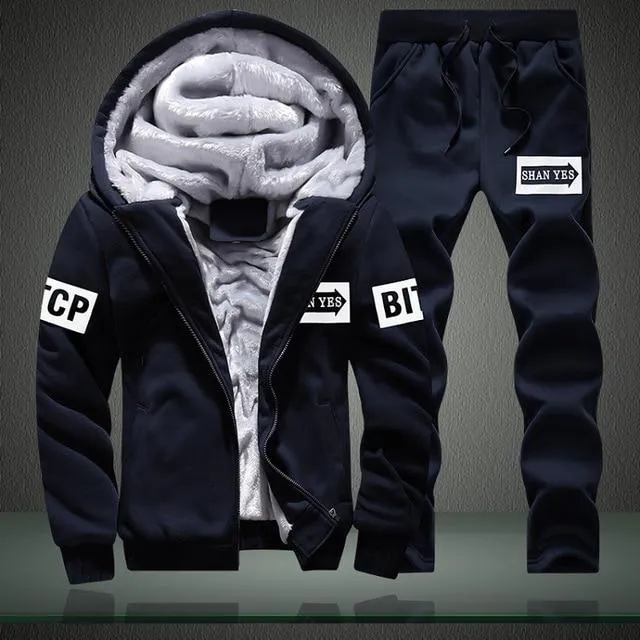 Youth Mens Fashion Casual Tracksuit New Brand Warm Two Piece Men Sets All Cotton Fleece Sets Male Thick Hooded Jacket   Pants