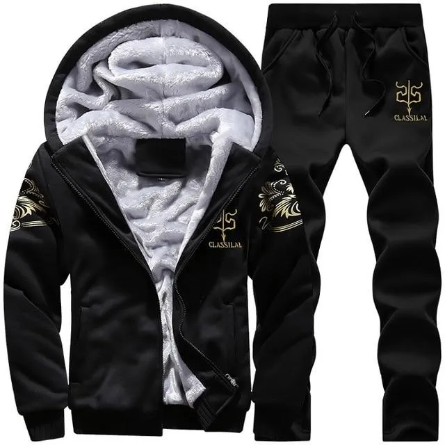 Youth Mens Fashion Casual Tracksuit New Brand Warm Two Piece Men Sets All Cotton Fleece Sets Male Thick Hooded Jacket   Pants