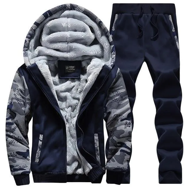 Youth Mens Fashion Casual Tracksuit New Brand Warm Two Piece Men Sets All Cotton Fleece Sets Male Thick Hooded Jacket   Pants