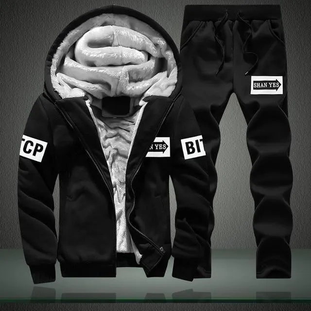 Youth Mens Fashion Casual Tracksuit New Brand Warm Two Piece Men Sets All Cotton Fleece Sets Male Thick Hooded Jacket   Pants